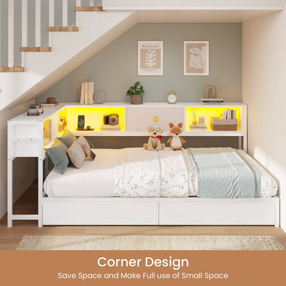 Hasuit | Corner Bed Frame with Storage Drawers and Bookcase Headboard Metal Platform Day Bed with Charging Station and LED Lights White Two Sizes