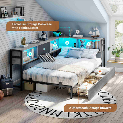 Hasuit | Corner Bed Frame with Storage Drawers and Bookcase Headboard Metal Platform Day Bed with Charging Station and LED Lights Oak Gray Three Sizes