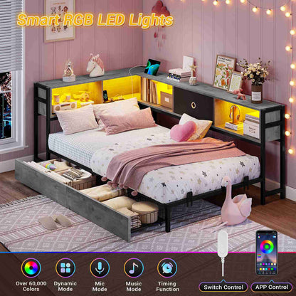 Hasuit | Corner Bed Frame with Storage Drawers and Bookcase Headboard Metal Platform Day Bed with Charging Station and LED Lights Oak Gray Three Sizes