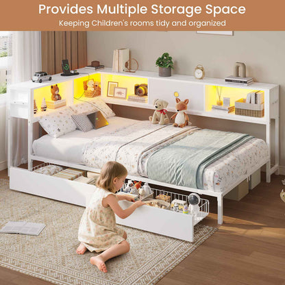 Hasuit | Corner Bed Frame with Storage Drawers and Bookcase Headboard Metal Platform Day Bed with Charging Station and LED Lights White Two Sizes
