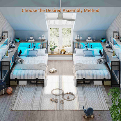 Hasuit | Corner Bed Frame with Storage Drawers and Bookcase Headboard Metal Platform Day Bed with Charging Station and LED Lights Oak Gray Three Sizes
