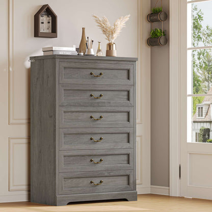Hasuit | 51.3 Inch Farmhouse 6 Drawers Dresser Tall Wood Dressers Rustic Storage Cabinet Organizer Grey Dresser for Bedroom Hallway