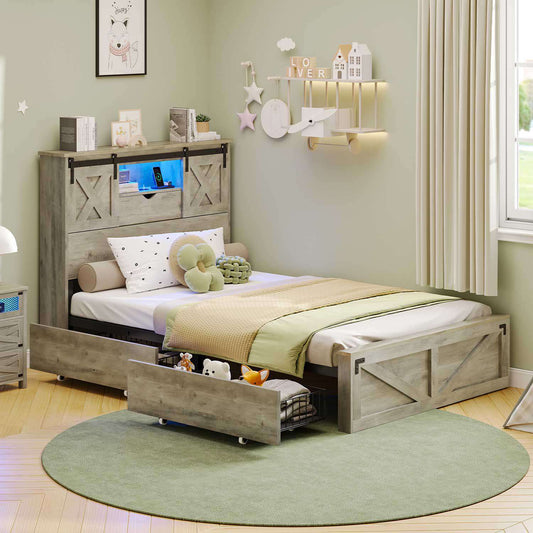Hasuit | Farmhouse Bed Frame with 2 Storage Drawers Rustic Wooden Platform Twin Bed with LED Lights and Charging Station Rustic Oak