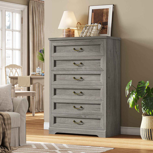 Hasuit | 51.3 Inch Farmhouse 6 Drawers Dresser Tall Wood Dressers Rustic Storage Cabinet Organizer Grey Dresser for Bedroom Hallway