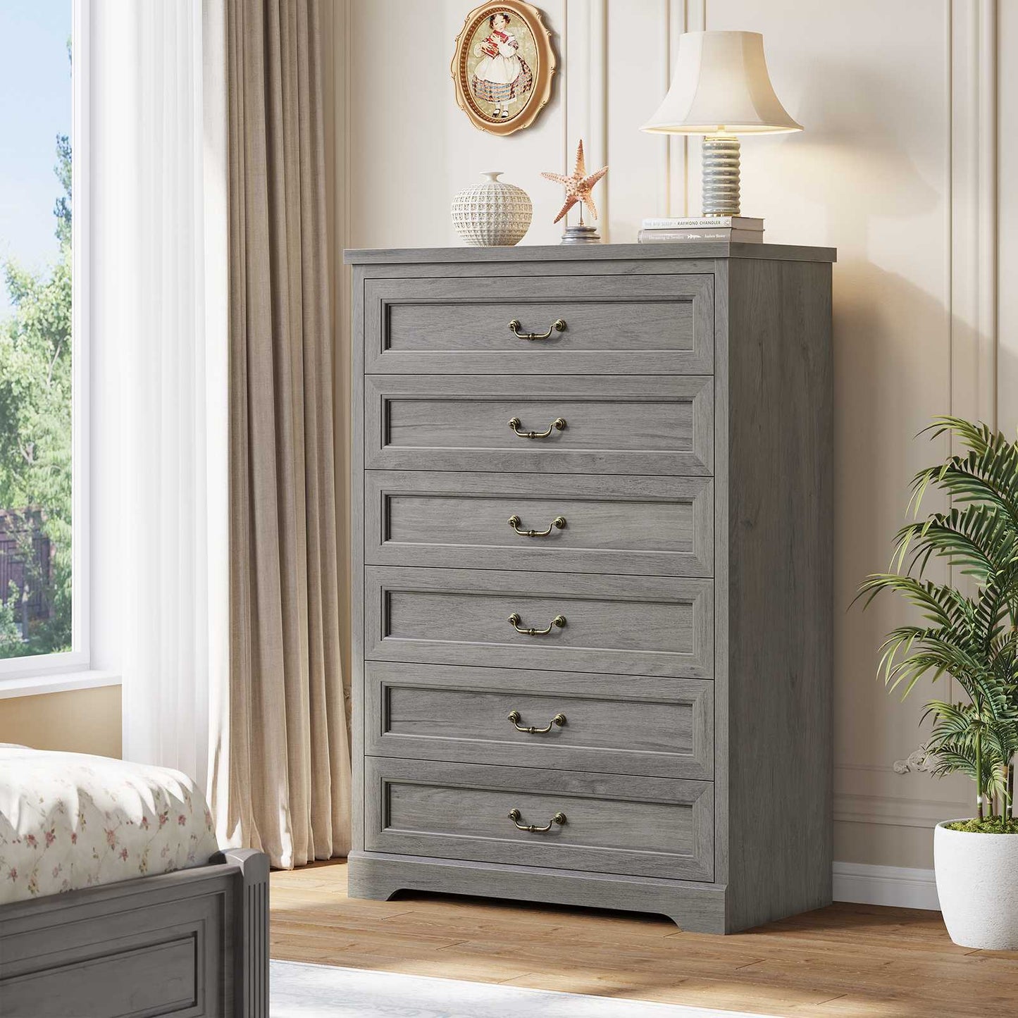 Hasuit | 51.3 Inch Farmhouse 6 Drawers Dresser Tall Wood Dressers Rustic Storage Cabinet Organizer Grey Dresser for Bedroom Hallway
