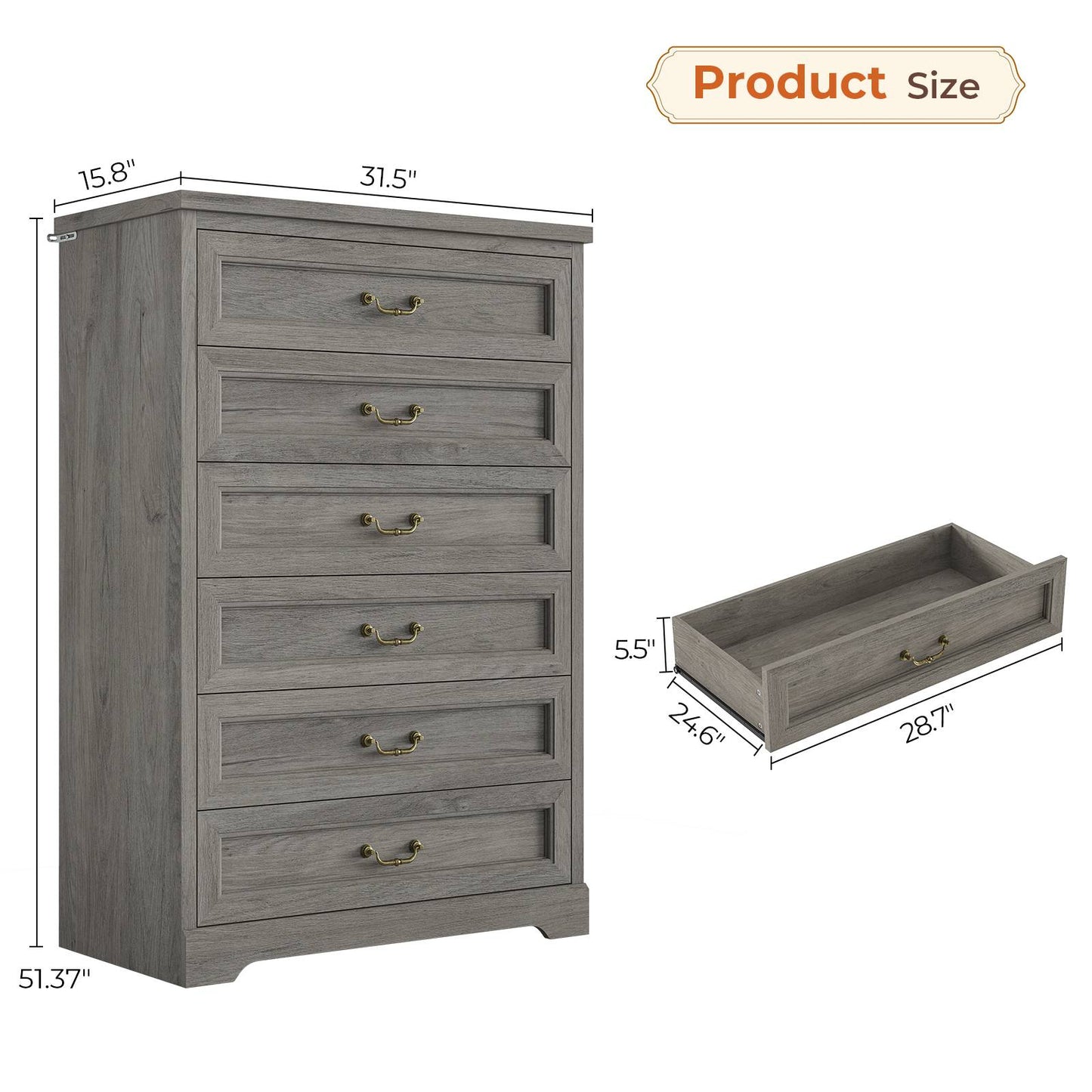 Hasuit | 51.3 Inch Farmhouse 6 Drawers Dresser Tall Wood Dressers Rustic Storage Cabinet Organizer Grey Dresser for Bedroom Hallway