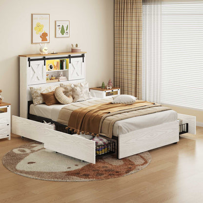 Hasuit | Farmhouse Bed Frame with 4 Storage Drawers Wooden Platform Rustic Beds with Charging Station and LED Lights White