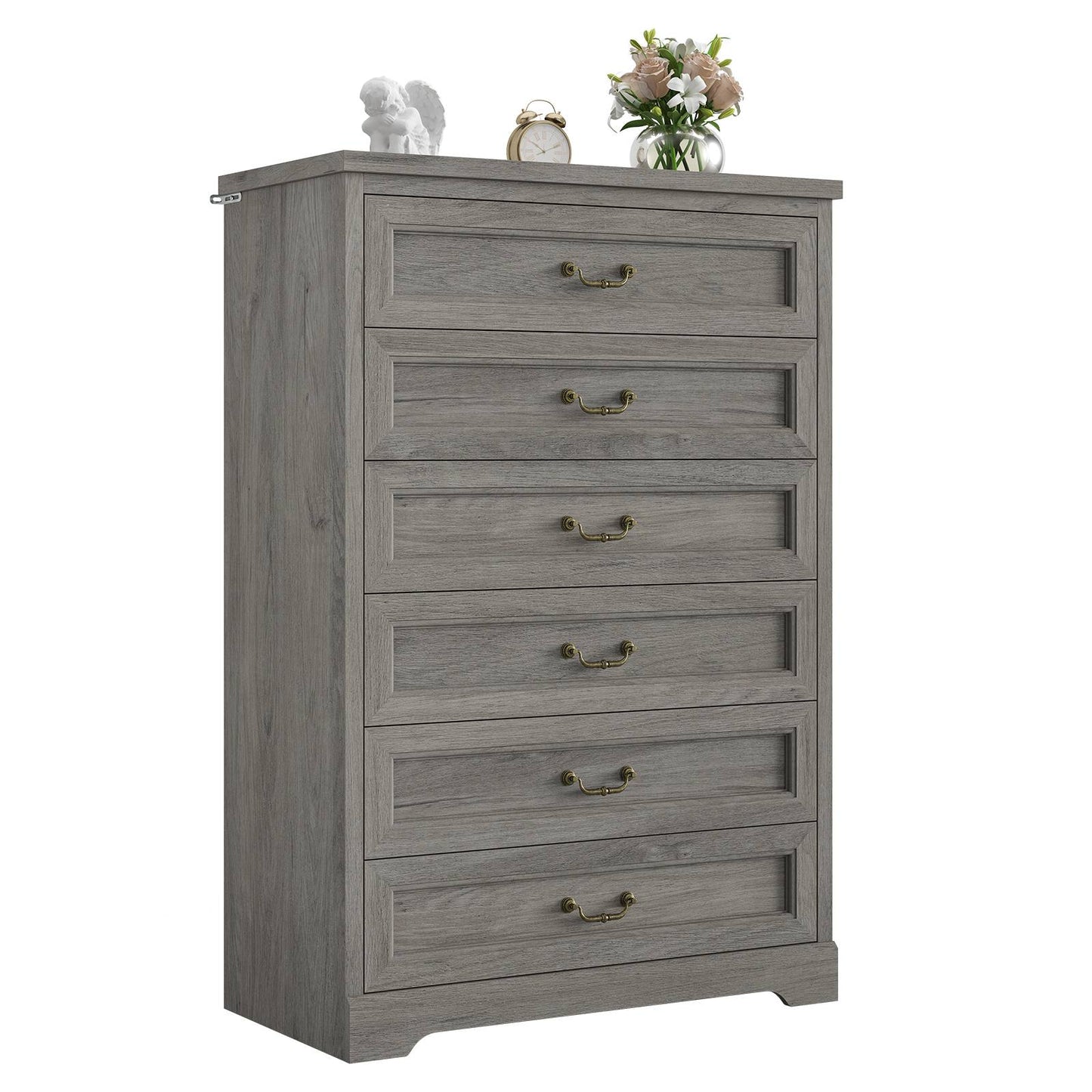 Hasuit | 51.3 Inch Farmhouse 6 Drawers Dresser Tall Wood Dressers Rustic Storage Cabinet Organizer Grey Dresser for Bedroom Hallway
