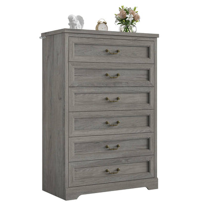 Hasuit | 51.3 Inch Farmhouse 6 Drawers Dresser Tall Wood Dressers Rustic Storage Cabinet Organizer Grey Dresser for Bedroom Hallway