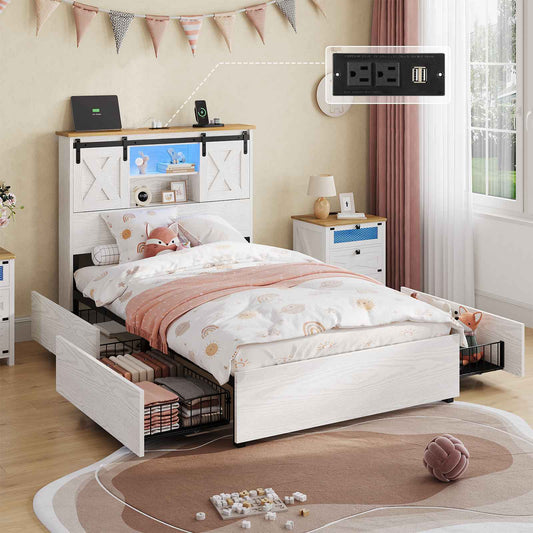 Hasuit | Farmhouse Bed Frame with 4 Storage Drawers Wooden Platform Rustic Beds with Charging Station and LED Lights White