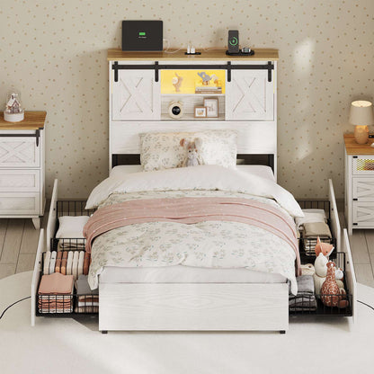 Hasuit | Farmhouse Bed Frame with 4 Storage Drawers Wooden Platform Rustic Beds with Charging Station and LED Lights White