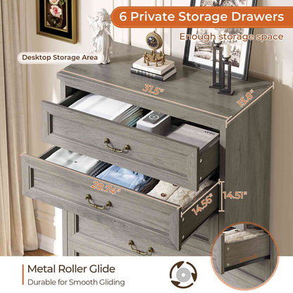Hasuit | 51.3 Inch Farmhouse 6 Drawers Dresser Tall Wood Dressers Rustic Storage Cabinet Organizer Grey Dresser for Bedroom Hallway