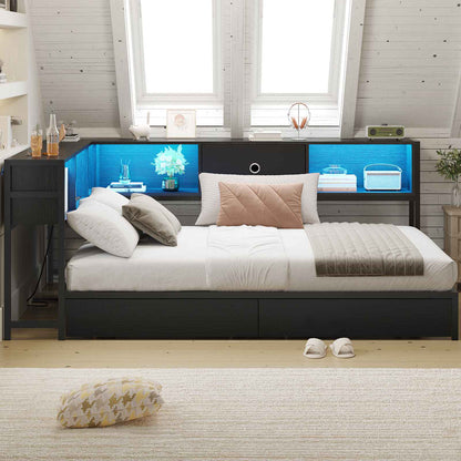 Hasuit | Corner Bed Frame with Storage Bookcase Day Bed with Charging Station and LED Lights Convertible Beds for Kids Teens Black Three Sizes