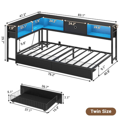 Hasuit | Corner Bed Frame with Storage Bookcase Day Bed with Charging Station and LED Lights Convertible Beds for Kids Teens Black Three Sizes