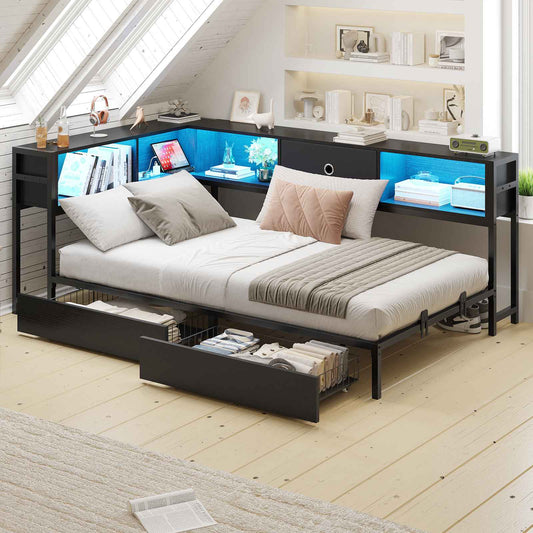 Hasuit | Corner Bed Frame with Storage Bookcase Day Bed with Charging Station and LED Lights Convertible Beds for Kids Teens Black Three Sizes