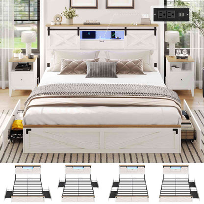 Hasuit | Farmhouse Bed Frame with Storage Bookcase Headboard Wooden Rustic Bed with LED Lights and Charging Station White California King Size