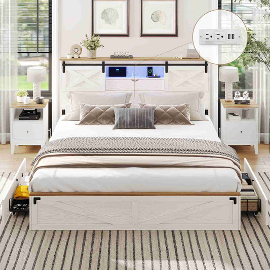 Hasuit | Farmhouse Bed Frame with Storage Bookcase Headboard Wooden Rustic Bed with LED Lights and Charging Station White California King Size