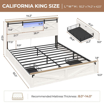 Hasuit | Farmhouse Bed Frame with Storage Bookcase Headboard Wooden Rustic Bed with LED Lights and Charging Station White California King Size