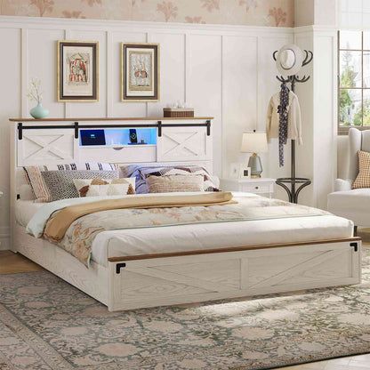 Hasuit | Farmhouse Bed Frame with Storage Bookcase Headboard Wooden Rustic Bed with LED Lights and Charging Station White California King Size