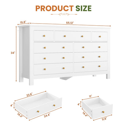 Hasuit | 55.1 Inch Dresser with 9 Drawers Modern Long Dressers with Large Capacity Storage Organizer Cabinet Wide Dresser White