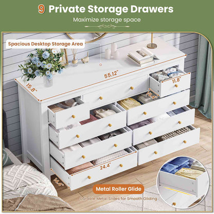 Hasuit | 55.1 Inch Dresser with 9 Drawers Modern Long Dressers with Large Capacity Storage Organizer Cabinet Wide Dresser White