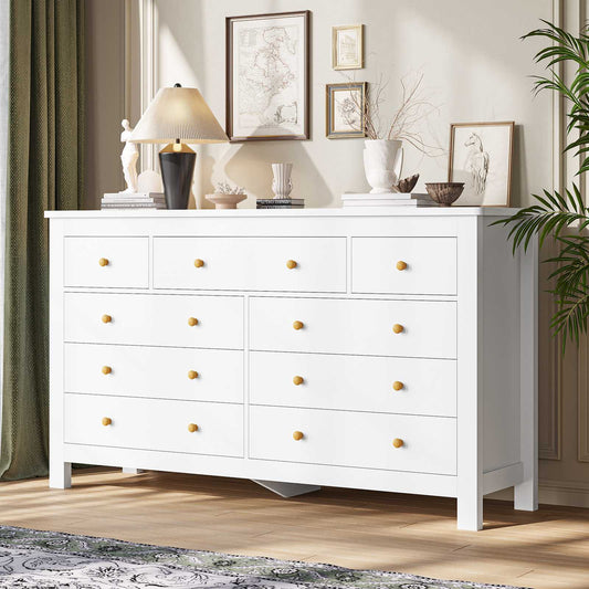 Hasuit | 55.1 Inch Dresser with 9 Drawers Modern Long Dressers with Large Capacity Storage Organizer Cabinet Wide Dresser White