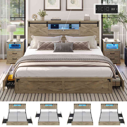 Hasuit | Farmhouse Bed Frame with Storage Bookcase Headboard Wooden Bed with LED Lights and Charging Station Rustic Oak Two Sizes