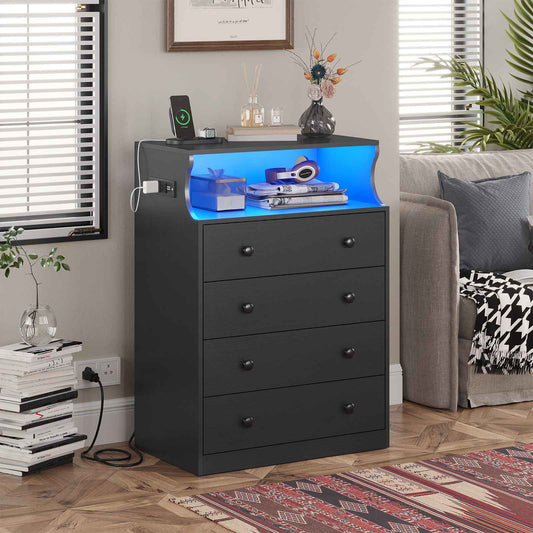Hasuit | 27.6 Inch Black Dresser with Charging Station 4 Drawers LED Dresser for Bedroom with Open Space