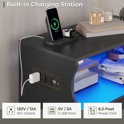 Hasuit | 27.6 Inch Black Dresser with Charging Station 4 Drawers LED Dresser for Bedroom with Open Space