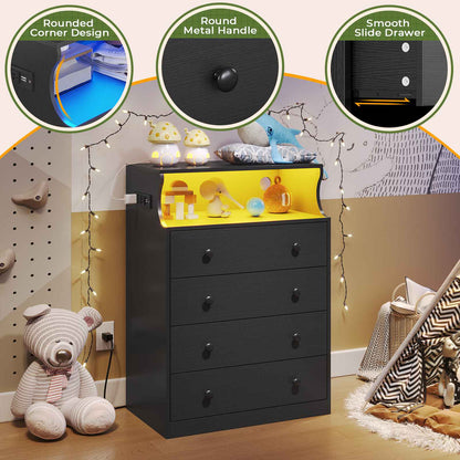 Hasuit | 27.6 Inch Black Dresser with Charging Station 4 Drawers LED Dresser for Bedroom with Open Space