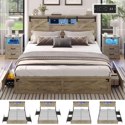 Hasuit | Farmhouse Bed Frame with Storage Bookcase Headboard Wooden Bed with LED Lights and Charging Station Rustic Oak Two Sizes