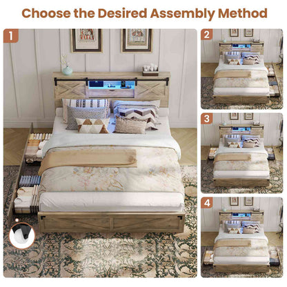 Hasuit | Farmhouse Bed Frame with Storage Bookcase Headboard Wooden Bed with LED Lights and Charging Station Rustic Oak Two Sizes