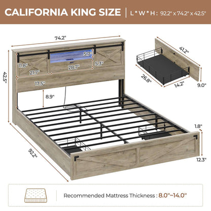 Hasuit | Farmhouse Bed Frame with Storage Bookcase Headboard Wooden Bed with LED Lights and Charging Station Rustic Oak Two Sizes