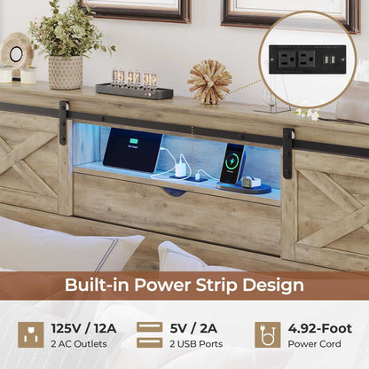 Hasuit | Farmhouse Bed Frame with Storage Bookcase Headboard Wooden Bed with LED Lights and Charging Station Rustic Oak Two Sizes