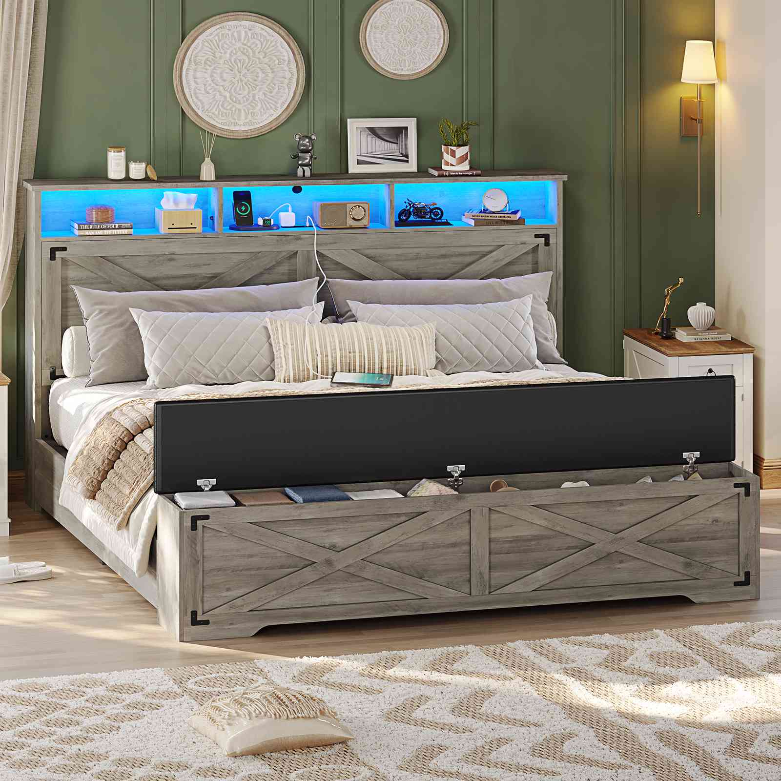 Hasuit | Queen Size Bed Frame with Storage Ottoman Farmhouse Bed Frame