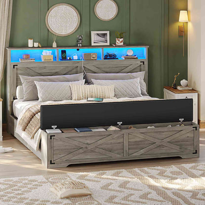 Hasuit | Queen Size Bed Frame with Storage Ottoman Farmhouse Bed Frame with Charging Station and Led Light Headboard with Storage Rack
