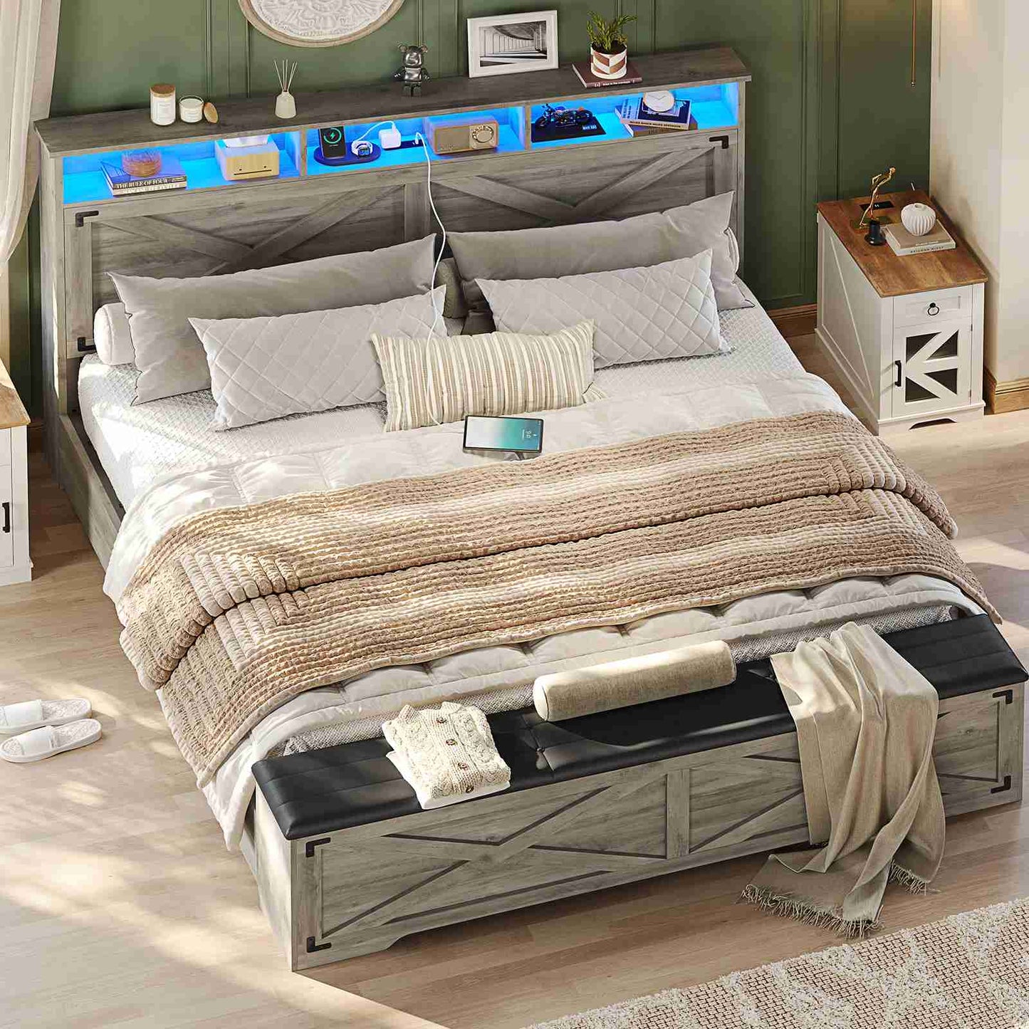 Hasuit | Queen Size Bed Frame with Storage Ottoman Farmhouse Bed Frame with Charging Station and Led Light Headboard with Storage Rack