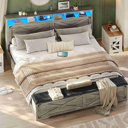 Hasuit | Queen Size Bed Frame with Storage Ottoman Farmhouse Bed Frame with Charging Station and Led Light Headboard with Storage Rack