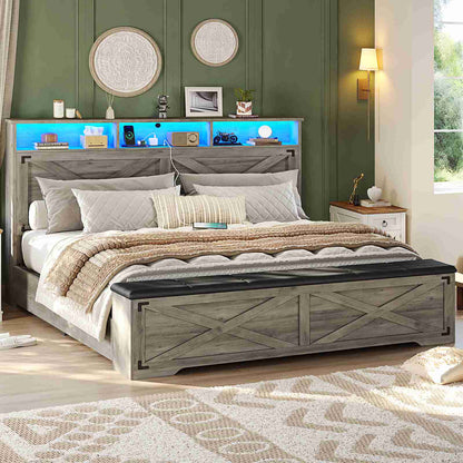 Hasuit | Queen Size Bed Frame with Storage Ottoman Farmhouse Bed Frame with Charging Station and Led Light Headboard with Storage Rack