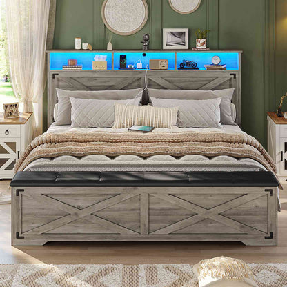 Hasuit | Queen Size Bed Frame with Storage Ottoman Farmhouse Bed Frame with Charging Station and Led Light Headboard with Storage Rack
