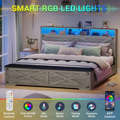 Hasuit | Queen Size Bed Frame with Storage Ottoman Farmhouse Bed Frame with Charging Station and Led Light Headboard with Storage Rack