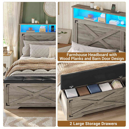 Hasuit | Queen Size Bed Frame with Storage Ottoman Farmhouse Bed Frame with Charging Station and Led Light Headboard with Storage Rack
