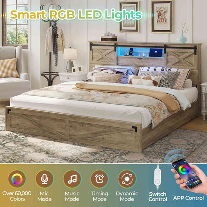 Hasuit | Farmhouse Bed Frame with Storage Bookcase Headboard Wooden Bed with LED Lights and Charging Station Rustic Oak Two Sizes