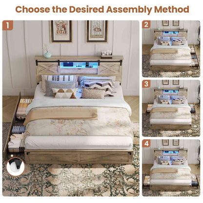 Hasuit | Farmhouse Bed Frame with Storage Bookcase Headboard Wooden Bed with LED Lights and Charging Station Rustic Oak Two Sizes