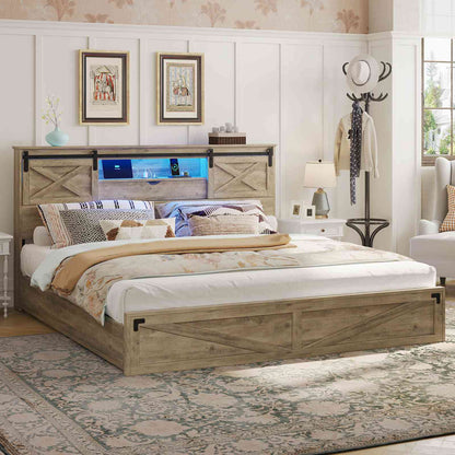 Hasuit | Farmhouse Bed Frame with Storage Bookcase Headboard Wooden Bed with LED Lights and Charging Station Rustic Oak Two Sizes