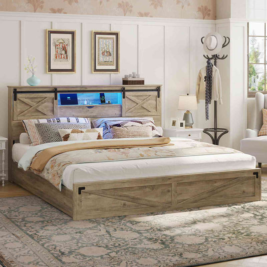 Hasuit | Farmhouse Bed Frame with Storage Bookcase Headboard Wooden Bed with LED Lights and Charging Station Rustic Oak Two Sizes