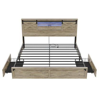 Hasuit | Farmhouse Bed Frame with Storage Bookcase Headboard Wooden Bed with LED Lights and Charging Station Rustic Oak Two Sizes