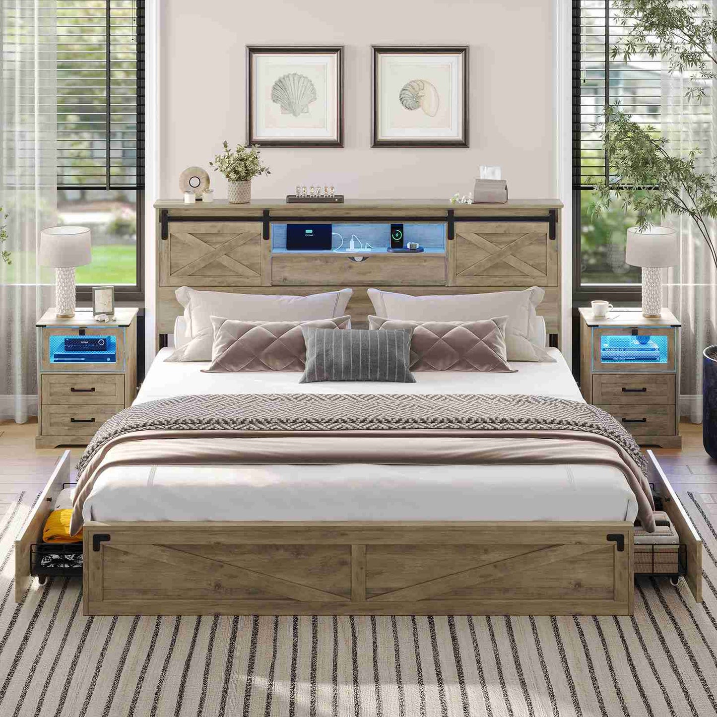 Hasuit | Farmhouse Bed Frame with Storage Bookcase Headboard Wooden Bed with LED Lights and Charging Station Rustic Oak Two Sizes