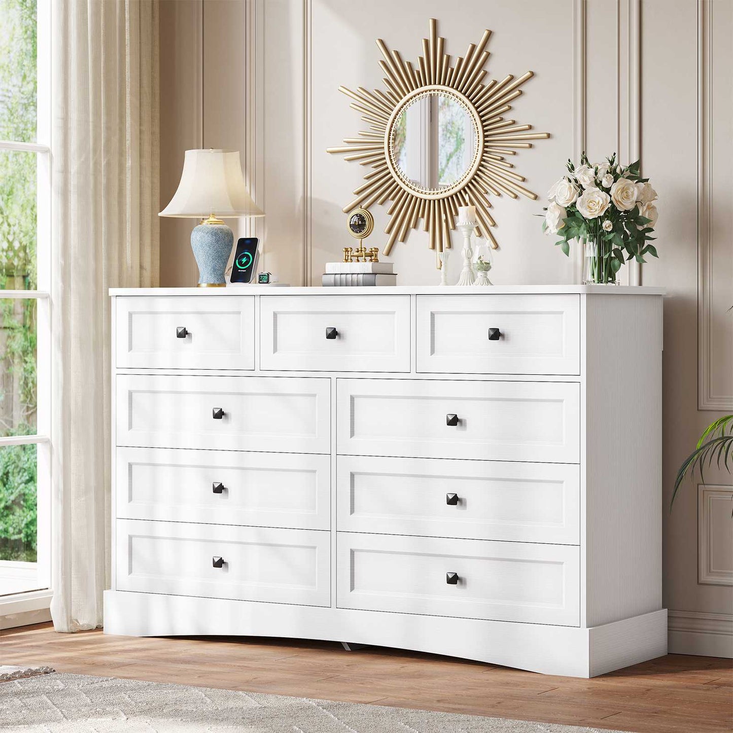 Hasuit | 51.2 Inch Dresser with 9 Drawers Large Farmhouse Drawer Dressers with Charging Station Wooden Storage Tower Organizer for Bedroom