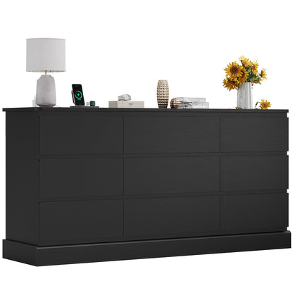 Hasuit | 61.7 Inch Modern Black Dresser with 9 Drawers Wide Dressers with Large Capacity Storage for Bedroom TV Stand with Power Outlets